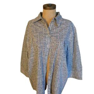 Chico's Size XL (3) Navy Blue White Button Down 3/4 Sleeve Shirt Top
